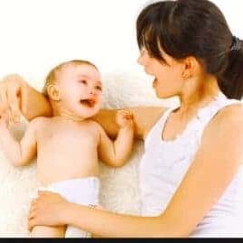 baby listening to mom talking to a and focus